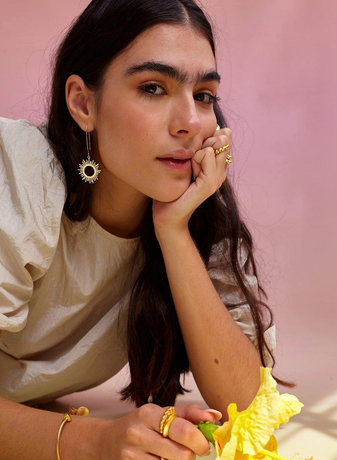 POTESSA Geometric Drop Dangle Earrings BOHO Statement Long Hoop 18K Gold Plated Sun Earrings for Women - Image 5
